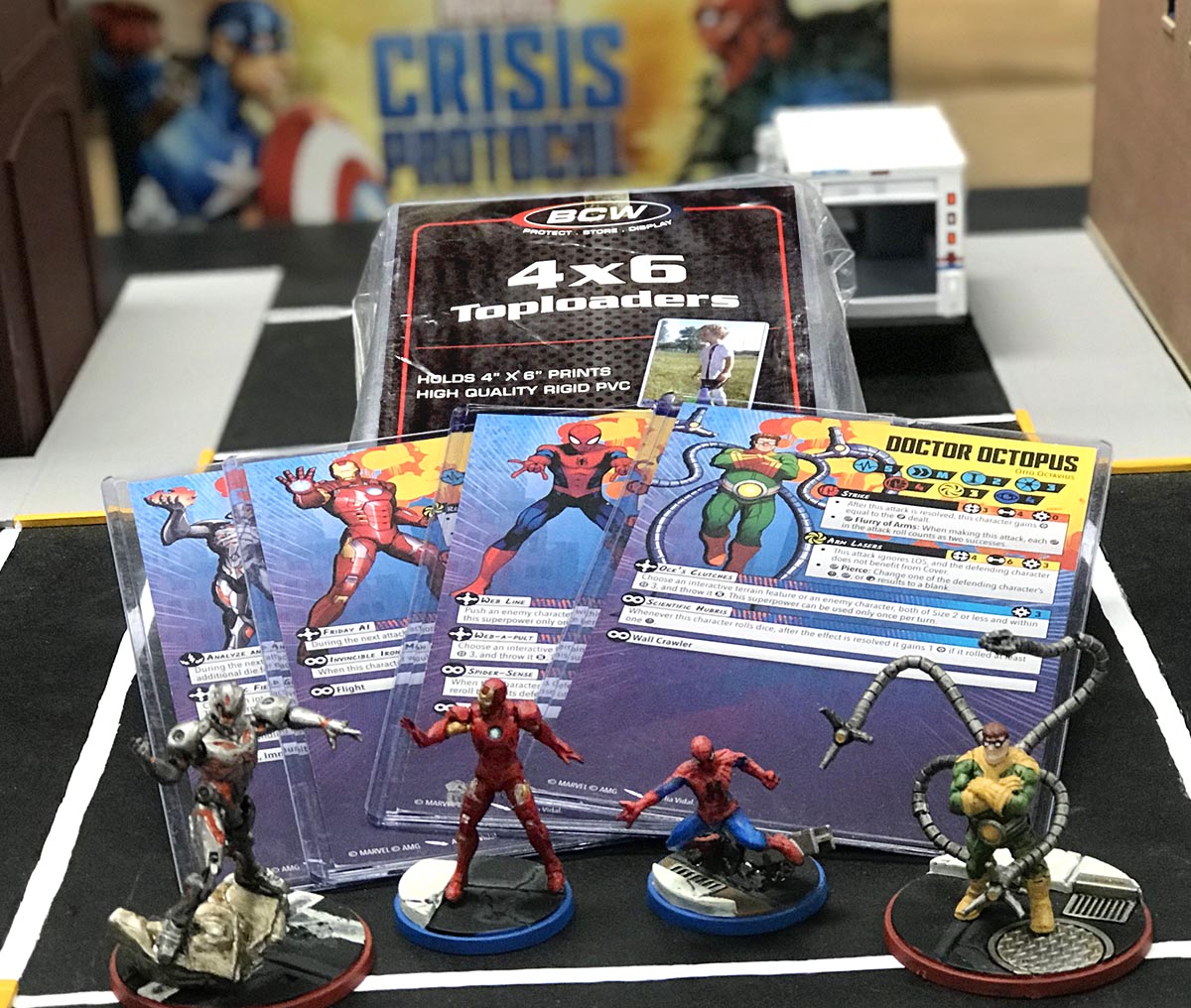 Marvel Crisis Protocol minis, cards, and BCW 4x6 toploaders