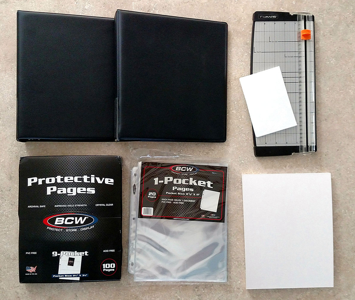 Binders, protective pages, magazine boards, and paper trimmer