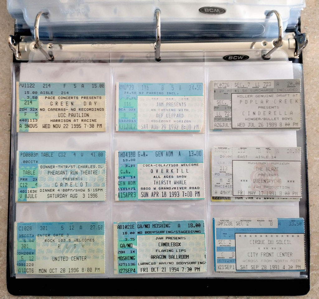 Ticket stubs in 9-pocket page
