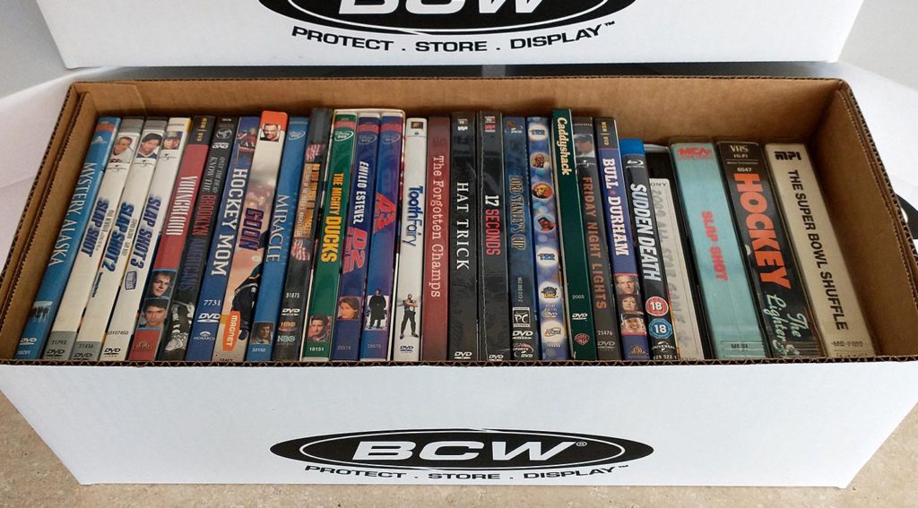 BCW Media box with VHS, Blu-ray, and DVDs