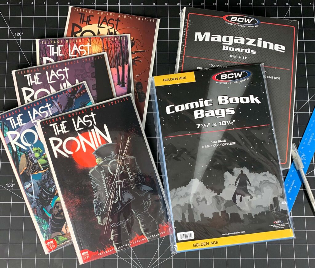 BCW Magazine Boards, Golden Comic Bags, and various issues of Teenage Mutant Ninja Turtles: The Last Ronin