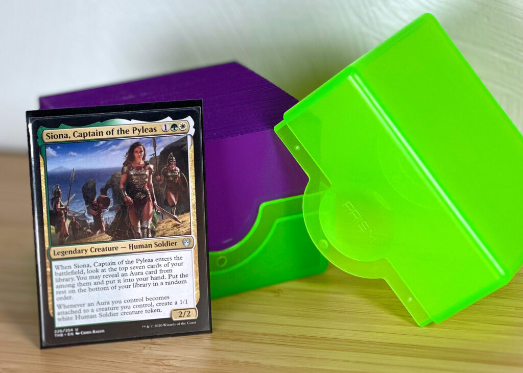 Magic The Gathering commander deck with Spectrum Lime Green deck case