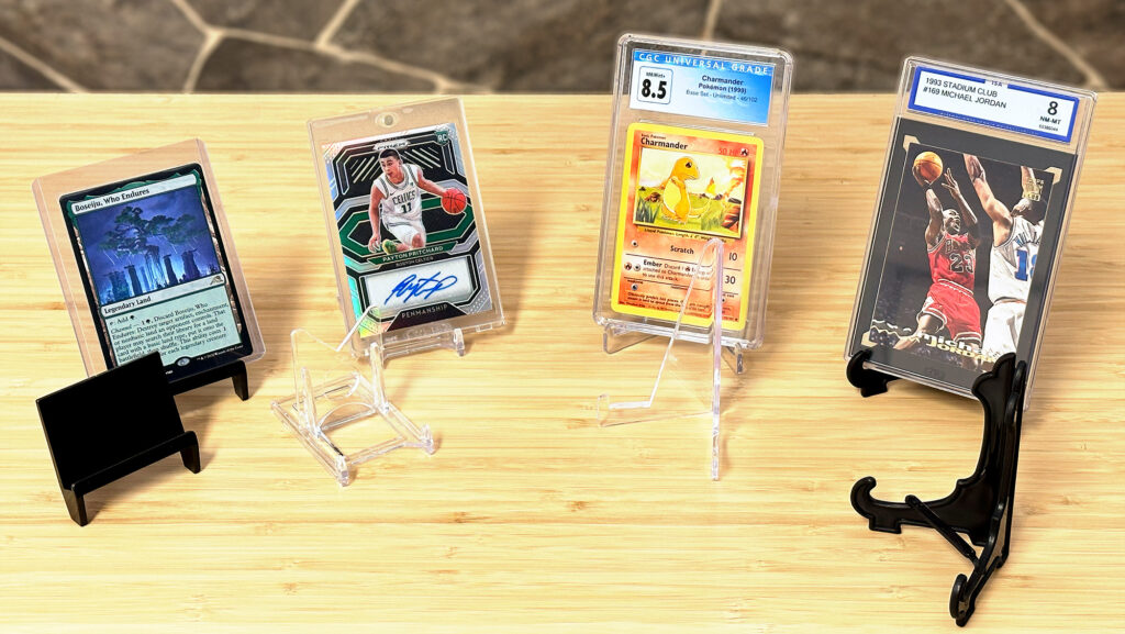 Variety of stands with cards in different types of holders,