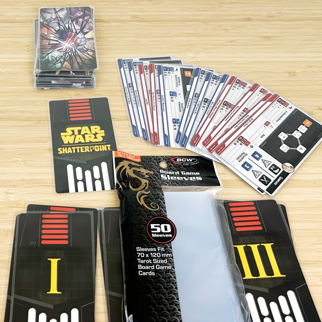 Star Wars Shatterpoint order, stance, and struggle cards with Tarot board game sleeves