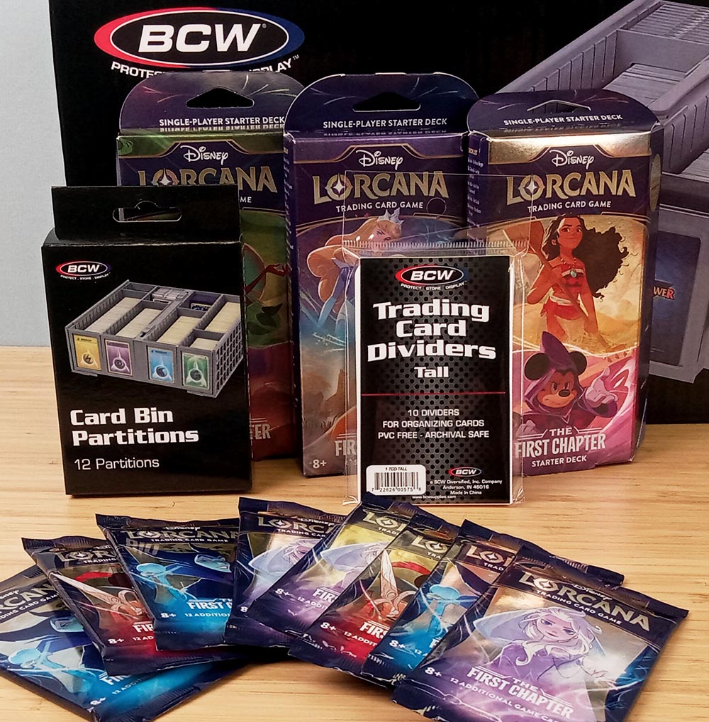 Lorcana packs, decks, card bin partitions, tall card dividers, and a 1600 card bin