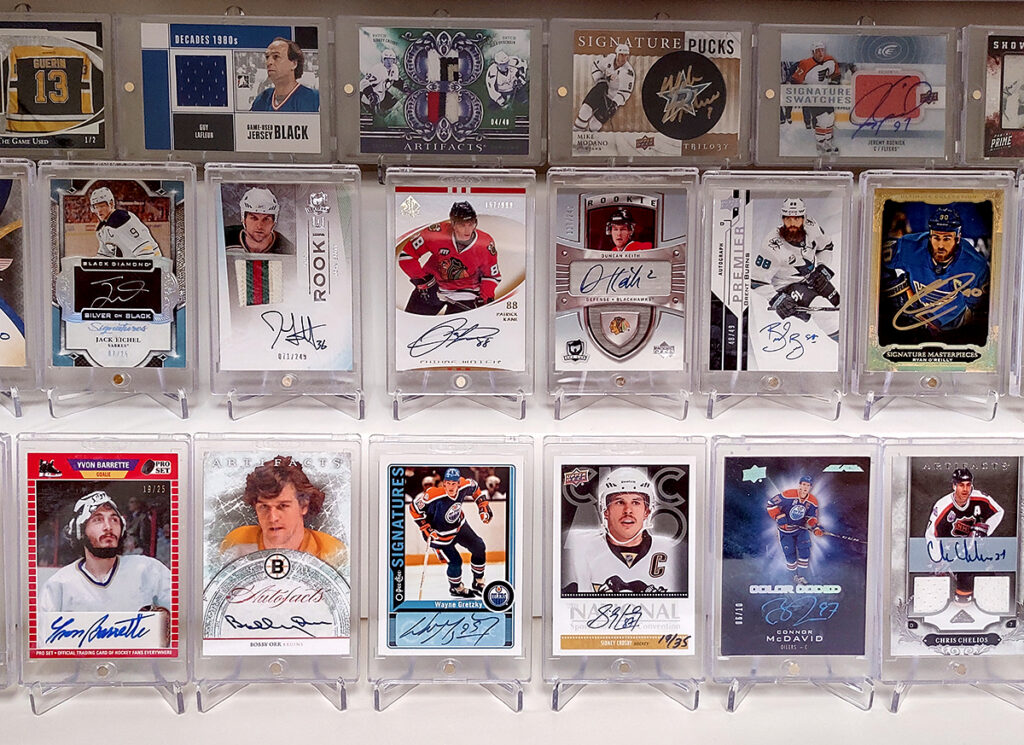 Hockey cards on home-made risers made from Styrofoam.