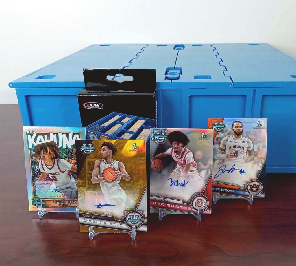 Autographed NCAA basketball cards with BCW blue card bin and a pack of partitions