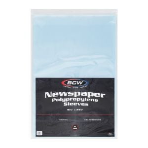 BCW Newspaper Polypropylene Sleeves, 50-pack, measuring 16¼ × 24⅛ inches with 2 mil thickness.