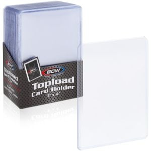 Image of pack of toploaders in BCW packaging to left and one toploader in full view to right