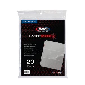 BCW Laserweld 9-pocket pages in binder with baseball sports cards. 100ct box or 20ct pack. Fits standard sized cards. lay flat design. packaging
