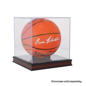 Wood Base for Basketball Holder with basketball in showcase angle