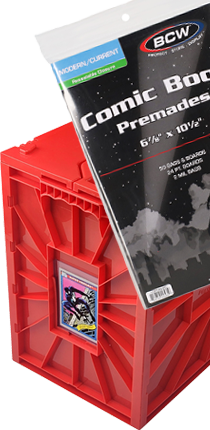 BCW Comic Category products, including Premade Bag & Board combo packs and a Red Comic Bin